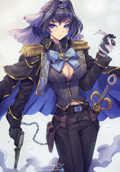 Rule 34 | 1girl, belt, black gloves, black hair, black jacket, black pants, blue bow, blue bowtie, blue eyes, boros (ouro kronii), bow, bow earrings, bowtie, breasts, brown belt, chain, chain headband, cleavage, closed mouth, cowboy shot, earrings, epaulettes, gloves, gun, hair intakes, handgun, head chain, highres, holding, holding gun, holding weapon, hololive, hololive english, holster, jacket, jammeryx, jewelry, large breasts, long sleeves, ouro kronii, pants, revolver, sheath, sheathed, shirt, sideways glance, solo, standing, striped clothes, striped shirt, sword, thigh holster, vertical-striped clothes, vertical-striped shirt, virtual youtuber, weapon, white background