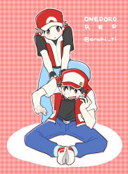 Rule 34 | 2boys, bad id, bad pixiv id, baseball cap, belt, belt buckle, black shirt, blue pants, buckle, character name, commentary request, creatures (company), dual persona, game freak, hat, highres, jacket, looking down, male focus, multiple boys, nintendo, one-hour drawing challenge, open mouth, pants, parted lips, plaid, plaid background, pokemon, pokemon frlg, pokemon rgby, pumpkinpan, red (pokemon), red headwear, red jacket, shirt, shoes, short sleeves, sleeveless, sleeveless jacket, spiked hair, sweatdrop, t-shirt, tongue, white footwear, wristband