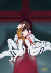 Rule 34 | 2girls, absurdres, beleven, bodysuit, dated, evangelion: 3.0+1.0 thrice upon a time, hands on own thighs, highres, interface headset, long hair, low twintails, makinami mari illustrious, multicolored bodysuit, multicolored clothes, multiple girls, neon genesis evangelion, plugsuit, rebuild of evangelion, souryuu asuka langley, twintails, very long hair, white bodysuit