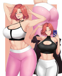 Rule 34 | 1girl, armpits, arms behind head, ass, blush, breasts, cellphone, cleavage, cleavage cutout, clothing cutout, curvy, fortune (last origin), gym uniform, hella p, highres, huge breasts, jacket, last origin, looking at viewer, nose blush, open mouth, pants, parted bangs, phone, red eyes, red hair, shiny clothes, shiny skin, short hair, sleeveless, sleeveless turtleneck, smartphone, smile, sports bra, thick thighs, thighs, tight clothes, turtleneck, yoga pants