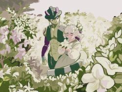 Rule 34 | 1boy, 1girl, chimera ant queen, closed eyes, colored skin, flower, green skin, hair between eyes, hair flower, hair ornament, highres, hunter x hunter, komugi (hunter x hunter), long sleeves, looking at another, meruem, messy hair, miko hxh, standing, stinger, tail, thick eyebrows, toned, white flower, white hair