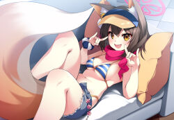 Rule 34 | 1girl, :d, animal ear fluff, animal ears, bikini, blue archive, blue shorts, breasts, brown hair, commentary request, couch, denim, denim shorts, double fox shadow puppet, fang, fox ears, fox girl, fox shadow puppet, fox tail, halo, highres, izuna (blue archive), izuna (swimsuit) (blue archive), looking at viewer, lying, medium breasts, mofu namako, navel, official alternate costume, on back, on couch, open mouth, pillow, red halo, short hair, short shorts, shorts, smile, solo, striped bikini, striped clothes, swimsuit, tail, visor cap, yellow eyes