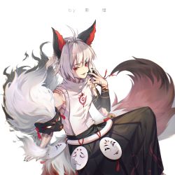 Rule 34 | 1boy, :d, absurdres, ahoge, animal ears, armband, artist name, bare shoulders, black nails, fingernails, hakuzousu (onmyoji), highres, japanese clothes, looking at viewer, mask, nail polish, onmyoji, open mouth, red eyes, simple background, sleeveless, smile, solo, tail, tattoo, vuvkhkgi, white background, white hair, wolf boy, wolf ears, wolf tail