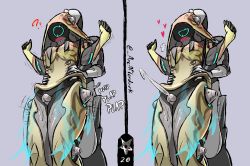 Rule 34 | 1boy, 1girl, 2koma, arcafterdark, between thighs, blush, breasts, colored skin, comic, confused, cum, ejaculation, excalibur (warframe), from behind, hands on another&#039;s waist, hands up, highres, ivara (warframe), multicolored skin, signature, simple background, thigh sex, warframe