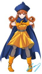 Rule 34 | 1girl, alena (dq4), blue cape, blue hat, blunt bangs, boots, breasts, brown hair, cape, clenched hand, crazy02oekaki, curly hair, dragon quest, dragon quest iv, earrings, full body, gloves, grey pantyhose, grin, hat, highres, jewelry, long hair, medium breasts, pantyhose, pointy hat, red eyes, signature, smile, solo, teeth, white background, yellow footwear, yellow gloves, yellow tunic