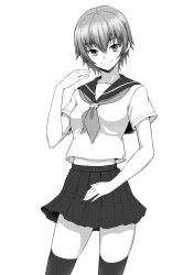 Rule 34 | 1girl, closed mouth, commentary request, greyscale, highres, kakone, looking at viewer, monochrome, neckerchief, original, pleated skirt, sailor collar, school uniform, serafuku, short hair, short sleeves, simple background, skirt, smile, thighhighs