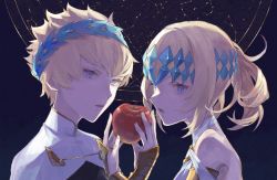 Rule 34 | 1boy, 1girl, apple, artist request, bare shoulders, black shirt, blonde hair, blue eyes, bracer, breasts, bridal gauntlets, brother and sister, castor (fate), constellation, diadem, fate/grand order, fate (series), food, fruit, highres, huge filesize, looking at viewer, medium hair, night, night sky, open mouth, parted lips, pollux (fate), robe, shirt, short hair, siblings, sky, small breasts, twins, white robe
