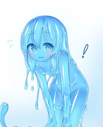 Rule 34 | !, 1girl, blue eyes, blue hair, blue sclera, blue skin, blush, breasts, colored sclera, colored skin, completely nude, curss, flying sweatdrops, grey background, highres, leaning forward, long hair, looking at viewer, medium breasts, monster girl, nude, original, parted lips, slime girl, solo, standing, thigh gap, transparent