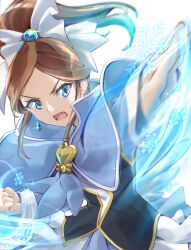 Rule 34 | 1girl, artist name, blue capelet, blue eyes, blue skirt, brown hair, capelet, clear glass (mildmild1311), commentary request, cure katyusha, earrings, eyelashes, hair ornament, happinesscharge precure!, high ponytail, highres, jewelry, looking at viewer, magical girl, medium hair, open mouth, ponytail, precure, serious, signature, simple background, skirt, solo, standing, twitter username, vest, white background