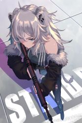 Rule 34 | ahoge, aiming, animal ears, asymmetrical legwear, bare shoulders, black footwear, black jacket, black pantyhose, boots, cleavage, commentary, crop top, ear piercing, from above, full body, fur-trimmed jacket, fur trim, gun, highres, holding, holding gun, holding weapon, hololive, jacket, lion ears, lion girl, lion tail, long hair, one eye covered, pantyhose, pencil skirt, piercing, rasetsu001, rifle, see-through, see-through cleavage, shadow, shishiro botan, shishiro botan (1st costume), silver hair, skirt, solo, standing, tail, torn clothes, torn pantyhose, virtual youtuber, weapon, weapon request