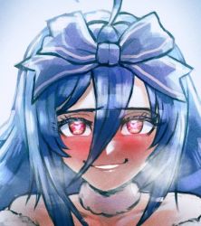 Rule 34 | ahoge, blue bow, blue hair, blush, bow, breath, collarbone, cyberlive, fur choker, hair between eyes, hair bow, heart, heart-shaped pupils, long hair, looking at viewer, minster (dooke), oumiya emma, parted lips, portrait, red eyes, smile, solo, symbol-shaped pupils, virtual youtuber