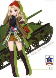Rule 34 | 10s, 1girl, absurdres, beanie, blue eyes, boots, brown footwear, brown jacket, brown skirt, character name, clothes around waist, full body, girls und panzer, hand in own hair, hat, highres, index finger raised, jacket, kay (girls und panzer), light brown hair, long hair, looking at viewer, m4 sherman, military, military vehicle, miniskirt, motor vehicle, open clothes, open jacket, pleated skirt, red hat, skirt, solo, standing, tank, thigh boots, thighhighs, white background