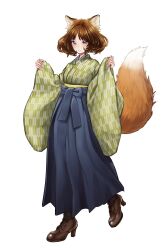 Rule 34 | 1girl, animal ears, blush, boots, brown eyes, brown hair, commentary request, don gitsune, fox ears, fox girl, fox tail, full body, high heel boots, high heels, highres, looking at viewer, meiji schoolgirl uniform, mori taishi, nissin, official art, original, short hair, simple background, smile, solo, tail, white background