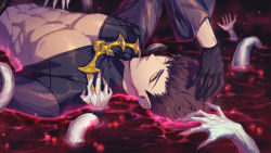 Rule 34 | 1boy, a3!, abs, arm up, black gloves, blood, blurry, brown hair, cropped jacket, dark persona, depth of field, fingernails, fushimi omi, gloves, groin, hand on own head, high collar, highres, hip bones, long fingernails, looking at viewer, lying, male focus, mandarin collar, multiple hands, navel, neckwear request, nipples, no shirt, on back, pectorals, pool of blood, scar, scar on face, see-through, see-through sleeves, sharp fingernails, short hair, signature, single glove, solo, straight hair, tentacles, tooaya, veins, veiny hands, veiny tentacles, yellow eyes