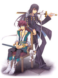 Rule 34 | 2boys, asbel lhant, asbel lhant (cosplay), black hair, blue eyes, boots, bracelet, brown hair, chair, cosplay, costume switch, full body, jewelry, knee boots, long hair, male focus, multiple boys, pants, purple eyes, retpa, ribbon, scabbard, sheath, sidelocks, sitting, smile, sword, tales of (series), tales of graces, tales of vesperia, weapon, white background, yuri lowell, yuri lowell (cosplay)