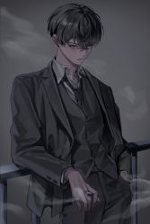 Rule 34 | 1boy, absurdres, black hair, blue eyes, cigarette, formal, highres, holding, holding cigarette, looking at viewer, male focus, matsuno chifuyu, necktie, popo 6996, short hair, smoke, solo, tokyo revengers, upper body