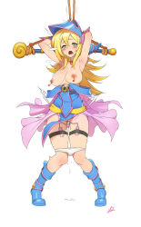 Rule 34 | 1girl, armpits, arms up, bdsm, blonde hair, blush, bondage, boots, bound, breasts, breasts out, choker, dark magician girl, duct tape, female focus, full body, green eyes, hat, highres, kim jin sung, knees together feet apart, large breasts, long hair, nipple piercing, nipples, object insertion, open clothes, open mouth, panties, panties around knees, panties around leg, panty pull, piercing, predicament bondage, pussy, pussy juice, remote control vibrator, restrained, rope, sex toy, simple background, solo, staff, standing, sweat, trembling, uncensored, underwear, vaginal, vaginal object insertion, vibrator, wizard hat, yu-gi-oh!