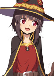Rule 34 | 1girl, :d, arms behind back, belt, belt buckle, black cape, black choker, black hat, blunt bangs, brown hair, buckle, button eyes, buttons, cape, choker, collarbone, commentary, dress, hat, kono subarashii sekai ni shukufuku wo!, long sleeves, looking away, looking to the side, megumin, motion lines, nervous smile, open mouth, red dress, red eyes, short hair, sidelocks, smile, solo, staff, sweatdrop, umarutsufuri, upper body, witch hat