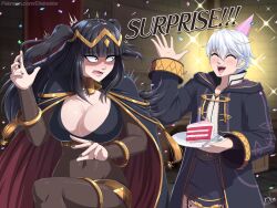 Rule 34 | 1boy, 1girl, birthday cake, black cape, black hair, black nails, black robe, blunt bangs, bodystocking, breasts, bridal gauntlets, cake, cake slice, cape, circlet, cleavage, closed eyes, commentary, covered navel, diskette, english commentary, fingernails, fire emblem, fire emblem awakening, food, fork, gold trim, hair ornament, hat, holding, holding plate, hood, hood down, hooded robe, jewelry, large breasts, long hair, long sleeves, multicolored hair, nintendo, open mouth, party hat, pink hat, plate, red cape, robe, robin (fire emblem), robin (male) (fire emblem), shirt, short hair, smile, surprised, tharja (fire emblem), two-tone cape, two-tone hair, white hair, white shirt