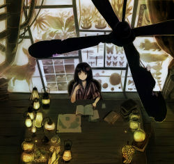 Rule 34 | 1girl, aihara fuu, backlighting, black eyes, black hair, book, bug, butterfly, calligraphy brush, ceiling fan, dark, deer, dragonfly, fish, from above, frown, graphite (medium), hair ornament, highres, indoors, bug, japanese clothes, jar, kimono, lantern, long hair, looking up, museum, original, paintbrush, photo (object), industrial pipe, plant, scenery, seashell, serious, shell, sitting, solo, star (symbol), striped, table, traditional media, wooden floor, yukata