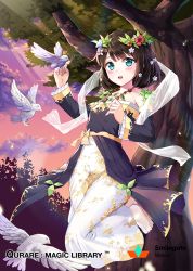 Rule 34 | 1girl, animal, bird, bird on hand, black hair, blue eyes, blush, bow, character request, dove, feathers, head wreath, holding, holding animal, long sleeves, looking at viewer, open mouth, qurare magic library, ribbon, shoonear, short hair, solo, sunset, teeth, yellow bow, yellow ribbon