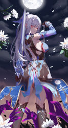 Rule 34 | 1girl, aoi (buzhuen444), black gloves, blue sleeves, breasts, closed mouth, commentary request, detached sleeves, from behind, full moon, gloves, grey hair, hair between eyes, high ponytail, honkai: star rail, honkai (series), jingliu (honkai: star rail), long hair, looking at viewer, medium breasts, moon, red eyes, reverse grip, solo, sword, sword behind back, weapon
