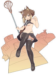 Rule 34 | 1girl, animal ears, antenna hair, black thighhighs, blazblue, breasts, brown hair, highres, lacrosse, lacrosse stick, looking at viewer, makoto nanaya, open mouth, red eyes, short hair, simple background, smile, solo, squirrel ears, squirrel tail, tail, thighhighs, un (1996rip), underboob, white background, yup (1996rip)