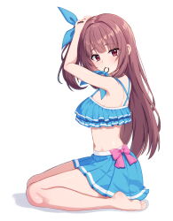 1girl alcmls1230 arms_up bare_arms bare_legs bare_shoulders barefoot bikini blue_bikini blue_skirt blunt_bangs bow bow_skirt brown_hair character_request closed_mouth criss-cross_back-straps frilled_bikini frills from_side full_body hair_tie_in_mouth highres light_blush long_hair looking_at_viewer looking_to_the_side midriff miniskirt mouth_hold navel one_side_up pink_bow pleated_skirt red_eyes shadow simple_background sitting skirt solo swimsuit tenkafuma toes tying_hair white_background