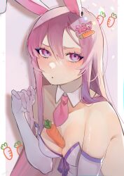 Rule 34 | 1girl, absurdres, animal ears, bare shoulders, between breasts, breasts, carrot, carrot hair ornament, cleavage, detached collar, elbow gloves, food-themed hair ornament, gloves, hair between eyes, hair ornament, hairclip, highres, kappa mame, long hair, medium breasts, necktie, pink eyes, pink hair, rabbit ears, reisen udongein inaba, solo, touhou, white gloves