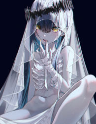 Rule 34 | 1girl, absurdres, amugae, bandages, black background, black hair, finger in own mouth, highres, long hair, looking at viewer, nail polish, navel, open mouth, original, see-through, simple background, sitting, stomach, veil, yellow eyes, yellow nails