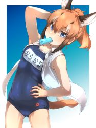 Rule 34 | 1girl, absurdres, alternate costume, alternate hairstyle, animal ears, arm up, bare arms, bare shoulders, black hair, blue eyes, blue one-piece swimsuit, breasts, caracal (kemono friends), commentary request, extra ears, food, food in mouth, hair between eyes, hand on own hip, highres, japari symbol, kemono friends, leaning to the side, looking at viewer, multicolored hair, name tag, one-piece swimsuit, open clothes, open shirt, orange hair, ponytail, popsicle, popsicle in mouth, school swimsuit, shirt, short hair, sleeveless, sleeveless shirt, small breasts, solo, swimsuit, tail, thin (suzuneya), white hair, white shirt, wing collar