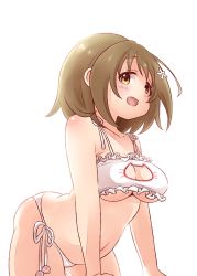 Rule 34 | all fours, ass, belly, blush, bra, breasts, brown eyes, brown hair, cat cutout, cat lingerie, clothing cutout, collarbone, fat rolls, hair ornament, highres, idolmaster, idolmaster cinderella girls, large breasts, maka073, meme attire, mimura kanako, navel, open mouth, panties, plump, short hair, solo, underwear, white bra, white panties