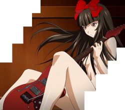 Rule 34 | 00s, 1girl, black hair, bow, breasts, brown eyes, flat chest, guitar, hair bow, ikkitousen, instrument, long hair, long legs, nipples, nude, screencap, sitting, solo, stitched, ten&#039;i (ikkitousen), third-party edit
