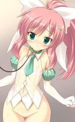 Rule 34 | 1girl, bad id, bad pixiv id, blue eyes, blush, borrowed character, bottomless, collar, covered erect nipples, flat chest, gradient background, hizuki aki, leash, long hair, looking at viewer, magical girl, nipples, no pussy, original, pink hair, ponytail, pussy juice, see-through, solo, viewer holding leash