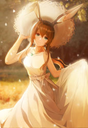 Rule 34 | 1girl, amiya (arknights), animal ears, arknights, blue eyes, bow, breasts, brown hair, rabbit ears, collarbone, commentary, dress, hand on headwear, hat, highres, holding, holding clothes, holding dress, jewelry, light rays, long hair, medium breasts, necklace, nzdwarf, outdoors, ponytail, sash, smile, solo, straw hat, sunbeam, sundress, sunlight, white bow, white dress, white sash
