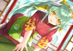 Rule 34 | 1girl, alternate costume, aqua hair, bad id, bad pixiv id, blush, breasts, commentary request, dragon horns, fate/grand order, fate (series), green hair, horns, indoors, japanese clothes, kimono, kiyohime (fate), kneeling, long hair, looking at viewer, medium breasts, morizono shiki, nakai (waitress), open mouth, ponytail, red kimono, smile, solo, tatami, yellow eyes
