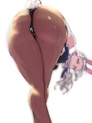 Rule 34 | 1girl, animal ears, ass, black leotard, black pantyhose, black ribbon, breasts, carmilla (fate), closed mouth, commentary, curly hair, fake animal ears, fake tail, fate/grand order, fate (series), from behind, from below, hair ribbon, highres, large breasts, leotard, light rays, long hair, looking at viewer, pantyhose, playboy bunny, rabbit ears, rabbit tail, ribbon, smile, solo, standing, tail, thighs, white background, white hair, yellow eyes, zumizu