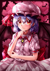 Rule 34 | 1girl, absurdres, back bow, bat (animal), bat wings, blouse, bow, brooch, center frills, checkered background, closed mouth, collared shirt, commentary request, fingernails, frilled shirt, frilled shirt collar, frilled skirt, frilled sleeves, frills, hair between eyes, hand on own chin, hat, hat ribbon, highres, jewelry, looking at viewer, mahoro (minase mahoro), mob cap, orange eyes, pink background, pink hat, pink shirt, pink skirt, puffy short sleeves, puffy sleeves, purple hair, red bow, red ribbon, remilia scarlet, ribbon, sharp fingernails, shirt, short hair, short sleeves, skirt, smile, solo, touhou, wings, yellow brooch