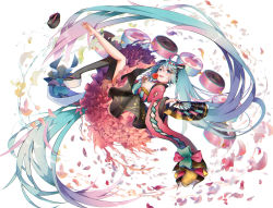 Rule 34 | 1girl, absurdly long hair, ahoge, aqua eyes, aqua hair, aqua nails, barefoot, black skirt, black thighhighs, blush, candy, candy apple, commentary request, dress, floating, food, frilled dress, frills, grey footwear, hair between eyes, hair ornament, hand fan, hand up, harisen, hatsune miku, highres, holding, holding candy, holding fan, holding food, japanese clothes, kyashii (a3yu9mi), legs up, long hair, looking at viewer, magical mirai (vocaloid), magical mirai miku, magical mirai miku (2020 summer), nail polish, okobo, open mouth, petals, platform footwear, sandals, shoes, single thighhigh, skirt, solo, thighhighs, twintails, unworn shoes, very long hair, vocaloid, water, white background, wide sleeves, x hair ornament