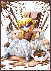 Rule 34 | ahoge, blonde hair, blue eyes, bracelet, chocolate, emperpep, food, food-themed clothes, food as clothes, in food, jewelry, mary janes, mini person, minigirl, painting (medium), pocky, shoes, solo, sprinkles, striped clothes, striped thighhighs, thighhighs, traditional media, watercolor (medium)