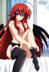 Rule 34 | 10s, 1girl, absurdres, ahoge, alternate breast size, bed, black thighhighs, black wings, blue eyes, breasts, censored, cleavage, convenient censoring, dressing, female focus, garter belt, hair over breasts, high school dxd, highres, huge ahoge, leg lift, long hair, megami magazine, navel, no panties, official art, pillow, red hair, rias gremory, sitting, solo, teshima noriko, thighhighs, very long hair, wings