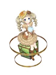 Rule 34 | 1girl, blue eyes, blunt bangs, boots, cross-laced footwear, dress, food, food fantasy, full body, highres, lace-up boots, looking at viewer, looking up, official art, pale skin, second-party source, smile, solo, transparent background, twintails, waffle, waffle (food fantasy), wavy hair