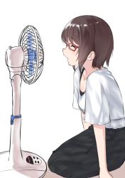 Rule 34 | 1girl, afterimage, arm support, black skirt, breasts, brown hair, closed eyes, collarbone, commentary request, electric fan, glasses, highres, long skirt, open mouth, original, pleated skirt, red-framed eyewear, shirt, short sleeves, sitting, skirt, small breasts, solo, white shirt, yuki arare