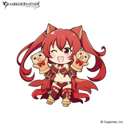 Rule 34 | 1girl, animal ears, blush, breasts, cerberus (shingeki no bahamut), chibi, dog ears, elbow gloves, fang, gauntlets, gloves, granblue fantasy, hand puppet, long hair, medium breasts, navel, official art, one eye closed, open mouth, panties, puppet, red eyes, red hair, ribbon, side-tie panties, smile, solo, thighhighs, twintails, underwear, very long hair
