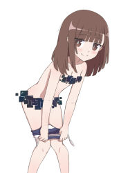 Rule 34 | 1girl, blunt bangs, blush, breasts, brown eyes, brown hair, censored, closed mouth, clothes pull, competition school swimsuit, glitch, glitch censor, highres, kilt hide, kitanaga, leaning forward, long hair, looking at viewer, nude, one-piece swimsuit, one-piece swimsuit pull, school swimsuit, school uniform, seductive smile, serafuku, short hair, simple background, small breasts, smile, solo, swimsuit, ueno-san wa bukiyou, undressing, yume tiem
