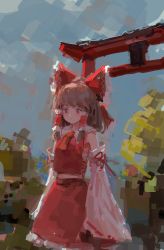 Rule 34 | 1girl, :/, absurdres, arms at sides, ascot, backlighting, bare shoulders, bow, brown eyes, brown hair, closed mouth, detached sleeves, expressionless, frilled bow, frilled hair tubes, frills, from side, hair bow, hair ornament, hair tubes, hakurei reimu, highres, long sleeves, looking away, medium hair, medium skirt, midriff peek, no lineart, orange ascot, outdoors, petticoat, red bow, red skirt, red vest, reddizen, ribbon-trimmed sleeves, ribbon trim, sarashi, skirt, skirt set, sky, solo, swept bangs, torii, touhou, tree, vest, wide sleeves, wing collar