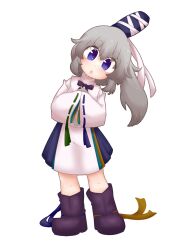 Rule 34 | 1girl, :o, blackbad, blue eyes, blue hat, boots, commentary request, full body, grey hair, hands in opposite sleeves, hat, head tilt, highres, japanese clothes, kariginu, long hair, long sleeves, looking at viewer, mononobe no futo, open mouth, ponytail, purple footwear, ribbon-trimmed sleeves, ribbon trim, simple background, solo, standing, tate eboshi, touhou, white background, wide sleeves