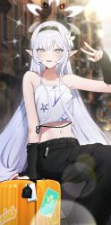 Rule 34 | 1girl, absurdres, blue archive, boots, fingerless gloves, flower, gloves, grey hair, hair ornament, halo, highres, himari (blue archive), long hair, looking at viewer, pointy ears, purple eyes, strapless, tube top, zanya 000