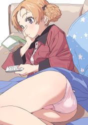 Rule 34 | 1girl, absurdres, ass, black bow, blue eyes, bow, braid, chips (food), controller, couch, crotch seam, dorontabi, eating, food, girls und panzer, hair bow, highres, loungewear, lying, on side, orange hair, orange pekoe (girls und panzer), panties, parted bangs, pink panties, remote control, short hair, solo, underwear