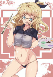 Rule 34 | 1girl, aqua eyes, blonde hair, brush, glasses, gluteal fold, hair ribbon, highres, long hair, mouth hold, navel, palette (object), panties, pencil, pinky out, ribbon, smile, solo, underwear, wo jianqiang fu guo